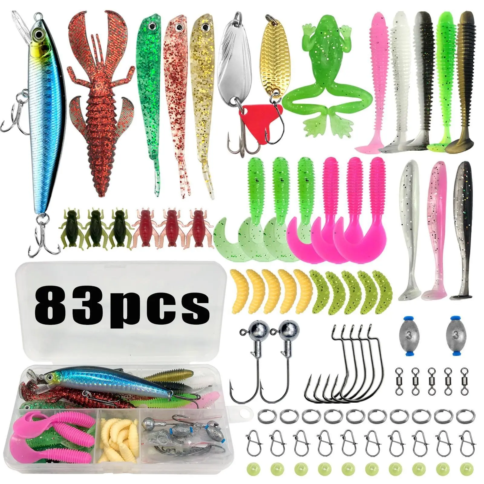 Complete Fishing Bait Set, Fishing Tackle Kit, Includes Realistic Soft Lures, Curved Hooks, Rotating Baits, Treble Hooks, Plastic Worms, Lead Hooks, Fishhooks