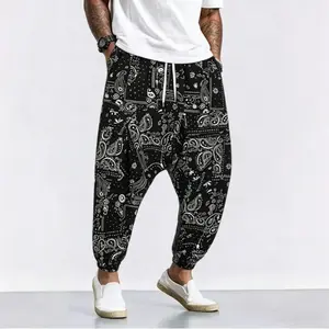 Men's Bandana Print Drop Crotch Harem Pants - Casual Loose Joggers with Drawstring Waist & Ankle Cuffs, Streetwear Hip Hop Trousers