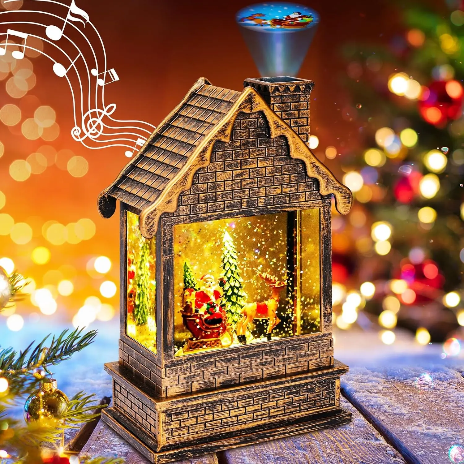 Lighted Christmas Snow Globes Musical Lantern with Timer, Train Water Lanterns Snowing Glittering Battery Operated, Santa Claus Musical Lighted Christmas Home Décor (House Lantern)