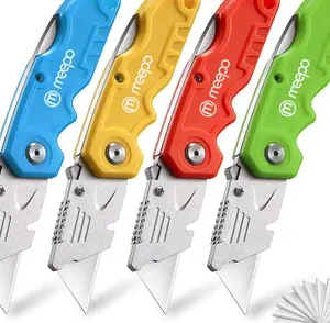 M MEEPO Box Cutter, 4-Pack Tough Folding Box Cutter for Heavy Duty Purpose, Razor Sharp Blade, Comfortable Handle, with Extra 10-Piece Blades, Can cut Drywall, Sheet Plastic, Linoleum, Boxes, Rope