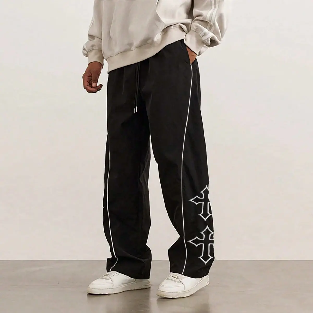 Men's Black Cross Print Track Pants, Loose Wide Leg Drawstring Streetwear Casual Windbreaker Pants With Side Stripes