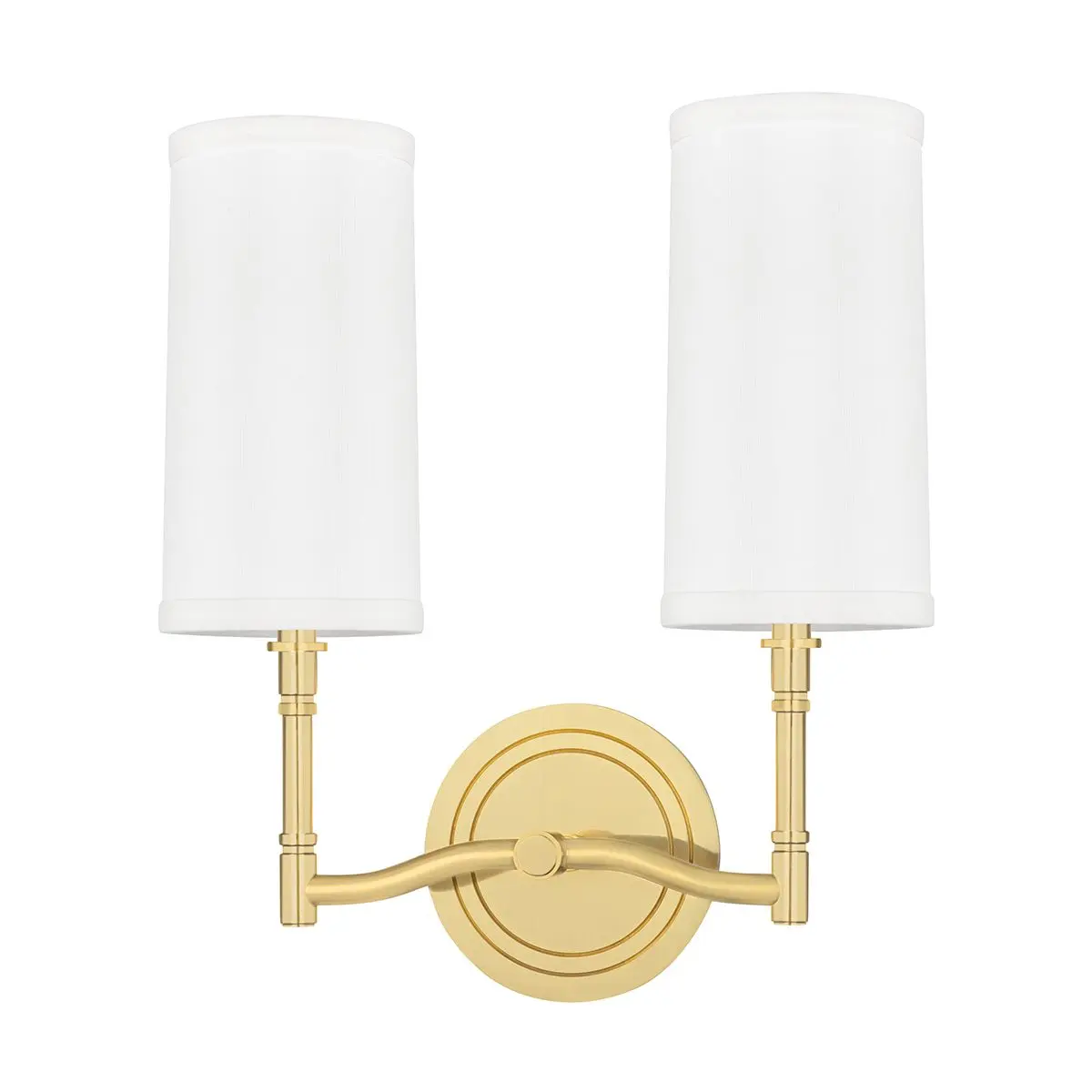 Dillon 2-Light Wall Sconce with Off-White Linen Shades and Curved Arms in Aged Brass, Old Bronze, or Polished Nickel