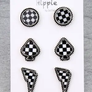 3 Piece Checker Stud Earring Set - Spade, Lighting Bolt, Circle, Black and White Design