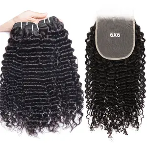 6X6 Lace Closure With Bundles Deep Wave Remy Hair Bundles With Transparent Lace Closure Curly Hair Bundles Extensions With 6x6 Lace Closure 3/4 Bundles Wiht 1 Closure Natural Black Color Wholesale Price