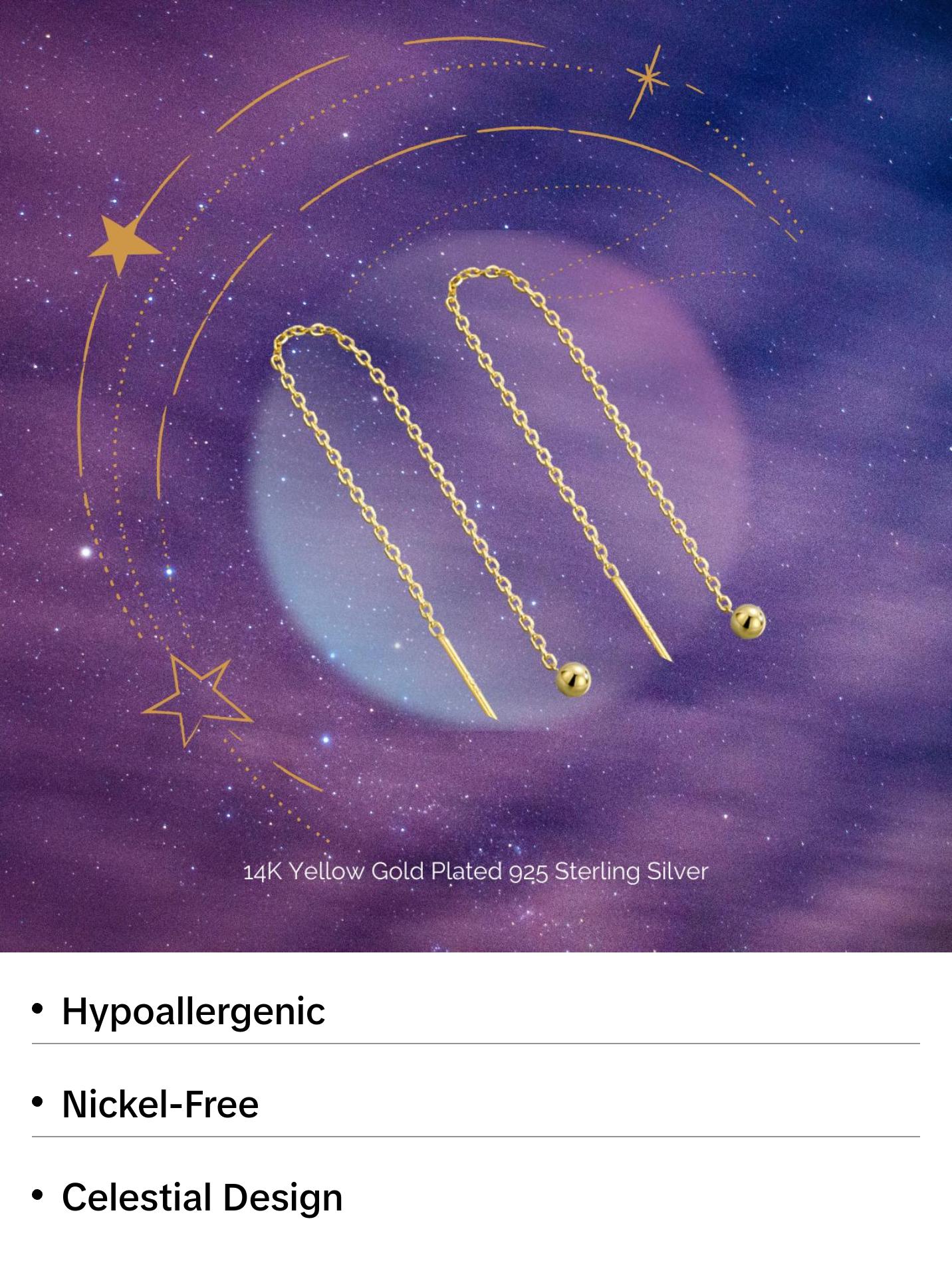 "Dancing Orb" 14K Yellow Gold Plated Sterling Silver Ball Long Threader Earring Piercing Chain Earrings