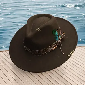 Hand-Sewn Needle Personalized Feather Outdoor Unisex Felt Hat, Classic Panama Felt Hat for Spring And Winter Street Photography