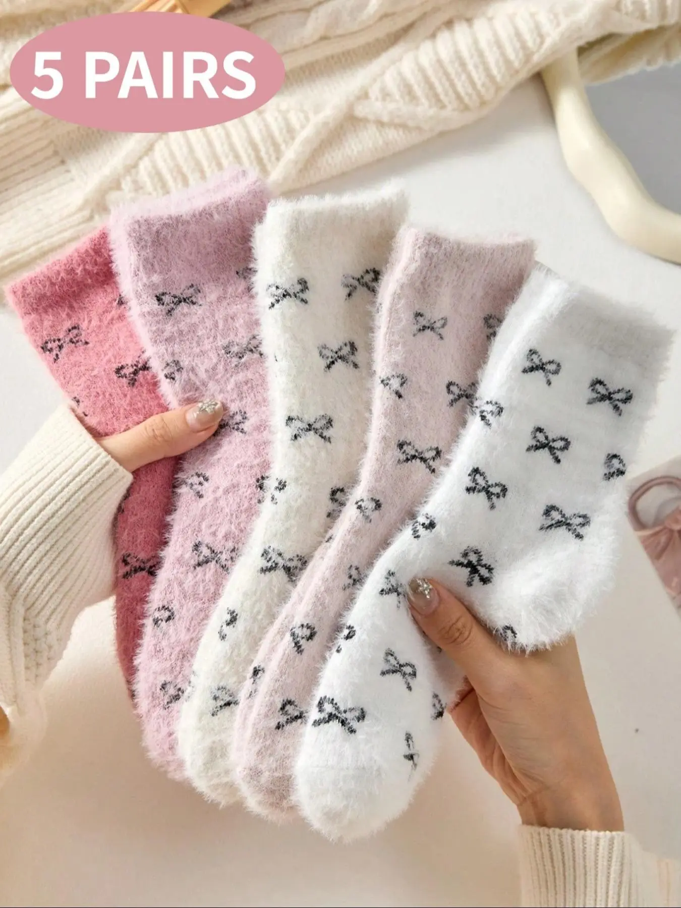 5 Pairs of Mid-Calf Socks Long Socks Pink & White Bow Print Mink Fleece Style High-Elasticity Ribbed Top Warmth Retention & Temperature Locking Pink Sweet Girl Style Fall & Winter Outfit Casual Socks
