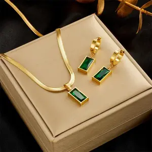 Green Crystal Necklace & Earrings Set, 316L Surgical Steel Fashion Jewelry, Sparkling Zircon Party Gift for Women