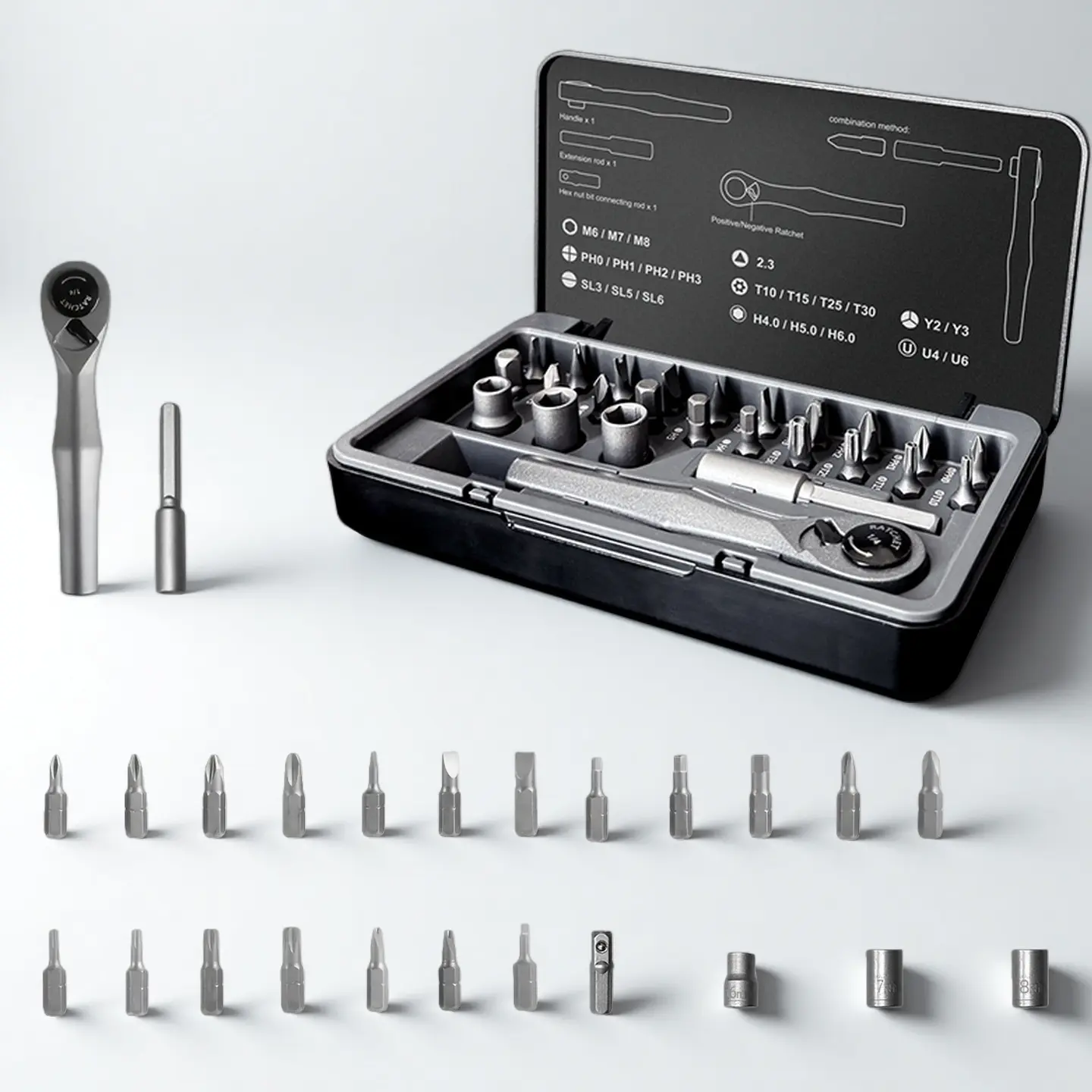 25 in 1 Ratchet Screwdriver Set with S2 Alloy Steel Bits, Precision Magnetic Screwdriver Kit with Sockets, Multi-Functional Household Repair Mechanic Tool Set for Daily DIY Household Fixing