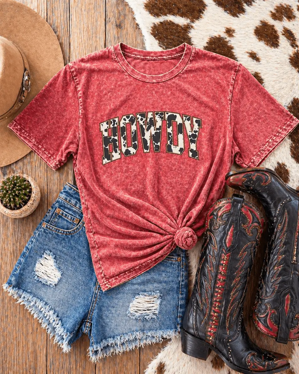 Howdy Cow Print Graphic Tee - Maroon