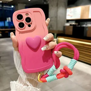 Cartoon Love Heart Gradient Lanyard Case for iPhone 16 15 14 17 Pro Max Air Plus 13 Hand Wrist Strap Wave Soft Cover