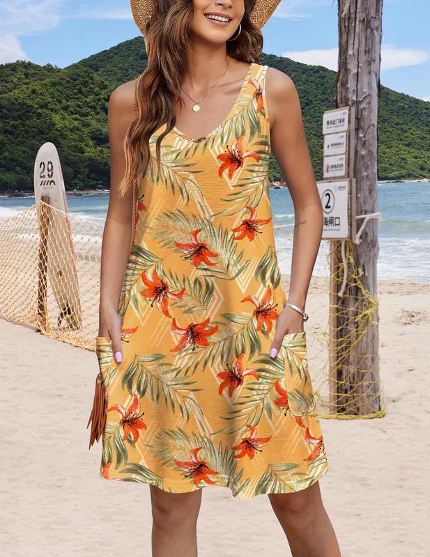 Women's Casual Sundress with Pockets Spring Summer Boho Beach Dress Floral T-Shirts Dress V Neck Loose Tank Dresses Flowy Swing A-Line Mini Dress Machine Washable Elegant Womenswear Thin Slightly translucent Sizes run small