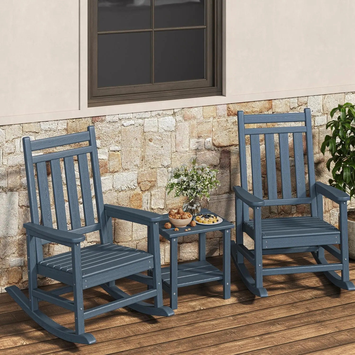 GAOMON 2-Piece HDPE Plastic High Back Adirondack Porch Rocker Outdoor Patio Chairs with Side Table - All-Weather Resistant Adult Furniture for Gardens, Relaxation - Navy Blue, Adirondack Chair, 2-Tier Structure