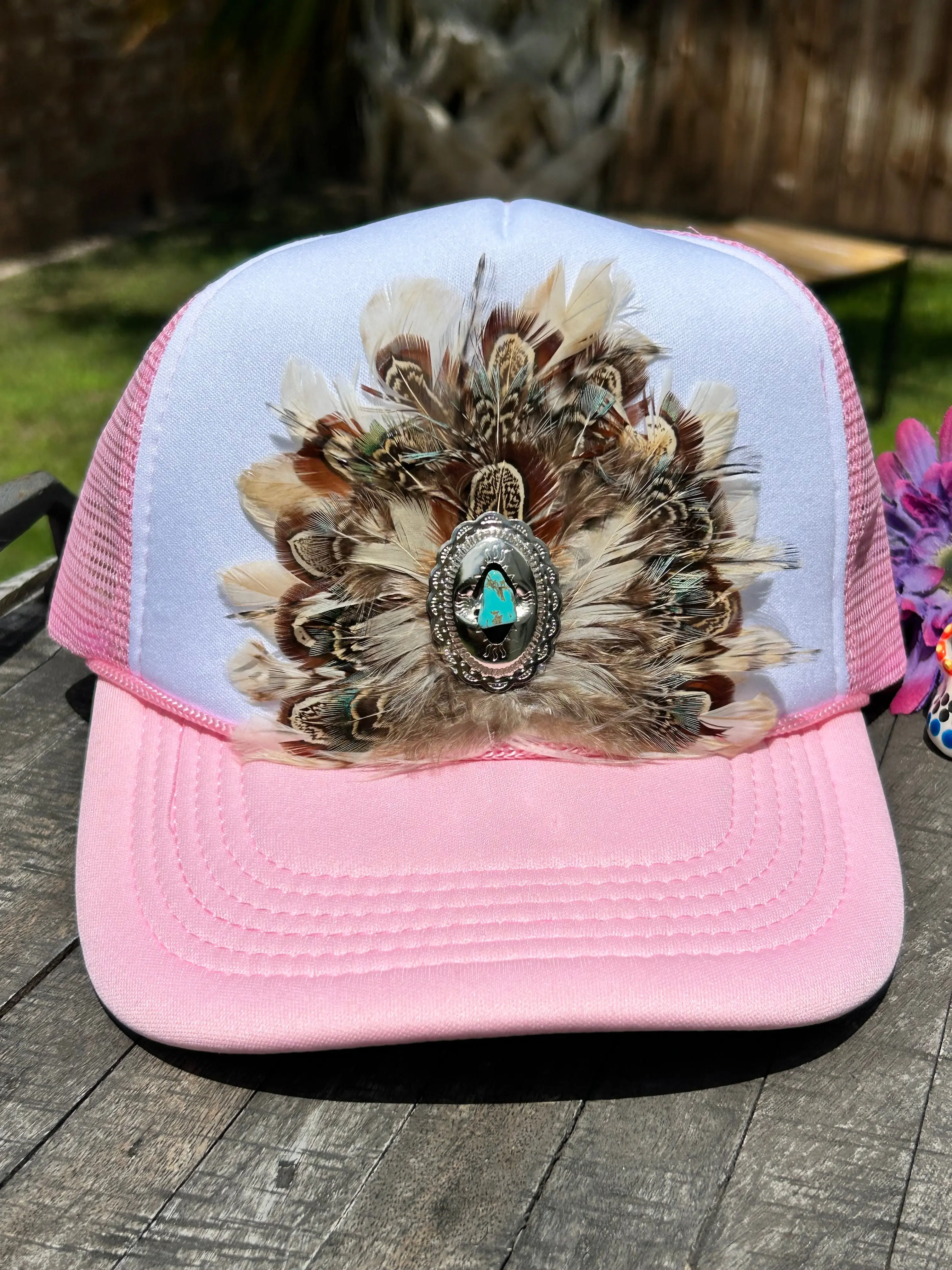 Pink Feathered Turquoise & Concho Trucker Hat