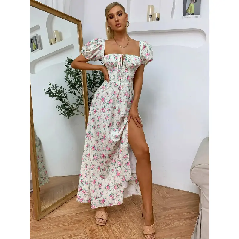 Women'S Frenchy Style Ditsy Floral Print Puff Sleeve Tie Front Split Thigh A Line Dress, Milkmaid Dress, Dress For Summer, Short Sleeve Square Neck Long Dress For Beach Vacation Holiday, Summer Outfits 2024, Ladies Summer Clothes Women'S Frenchy Style Ditsy Floral Print Puff Sleeve Tie Front Split Thigh A Line Dress, Milkmaid Dress, Dress For Summer, Short Sleeve Square Neck Long Dress For Beach Vacation Holiday, Summer Outfits 2024, Ladies Summer Clothes