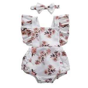Newborn Baby Girl Summer Outfit Floral Bodysuit Ruffle Sleeveless Romper Dress Backless  Jumpsuit Headband