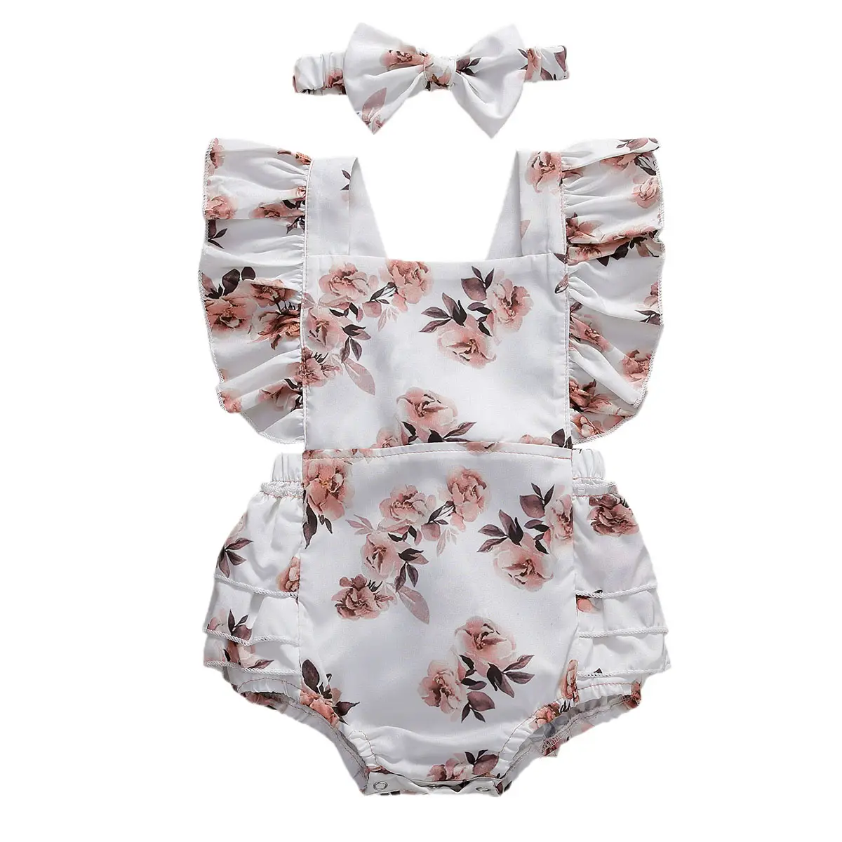 Newborn Baby Girl Summer Outfit Floral Bodysuit Ruffle Sleeveless Romper Dress Backless Jumpsuit Headband