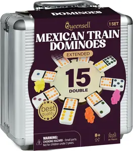 Mexican Train Dominoes Set Double 15, Dominoes Set for Adults and Family, Mexican Train Double 15 Dominoes Sets Colored Dot - 136 Tiles, 9 Trains, Wooden Hub, Aluminum Case