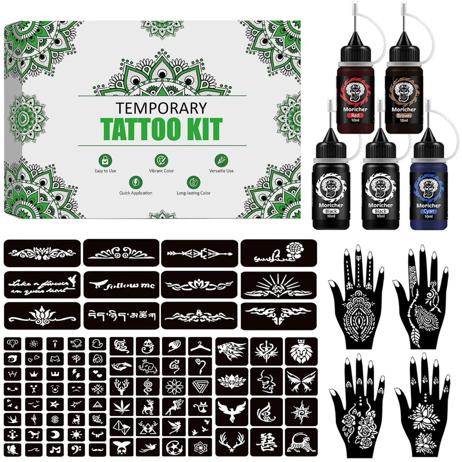 Joxpring Temporary Henna Tattoo Kit - 5 Inks, 96 Stencils, Tattoo Supplies, Fake Freckles, Water Resistant, Long-Lasting, Easy Apply for DIY Art, All Skin Types, Party Gifts