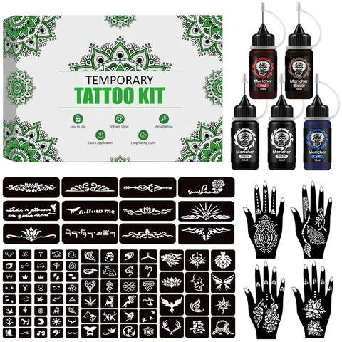 Joxpring Cosmetic Temporary Henna Tattoo Kit - 5 Cyan Liquid Ink Bottles, 96 Steel Stencils, Fake Freckles Supplies, Hypoallergenic, Water Resistant, Long-Lasting, Easy Apply, All-Natural, All Skin Types, Festival Gifts, DIY Art, Artists’ Practice Kit