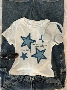 Trendy Y2K Star Print Short Top, Denim Patched Fuzzy Star Printed T-Shirt, Comfortable Sweet Girl Casual Streetwear, Perfect for Summer & Music Festivals