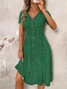 V-Neck Polka Dot Dress with Slim-Fitting Design, Casual Chic, Perfect for Spring and Summer Tea Parties and Valentine's Day