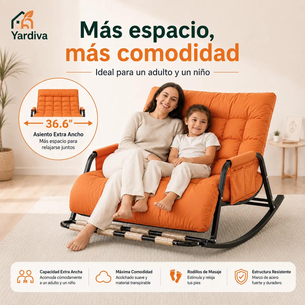 Yardiva Oversized PU Leather Rocking Chair for Adults, High-Back Indoor Rocker with Full-Length Tufted Cushion, Padded Arms, Foot Massage Rollers, Side Pocket, Waterproof, Stain-Resistant & Wear-Resistant for Living Room and Reading Nook