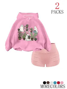 Women's Halloween Hoodie Set, Casual Fall Winter Drawstring Knit Sweatshirt with Plant and Ghost Print, Perfect Holiday + Gym Shorts