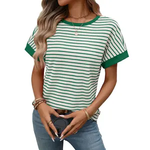 Womens Casual Striped Knit T-Shirt Short Sleeve Crewneck Loose Fit Summer Tops