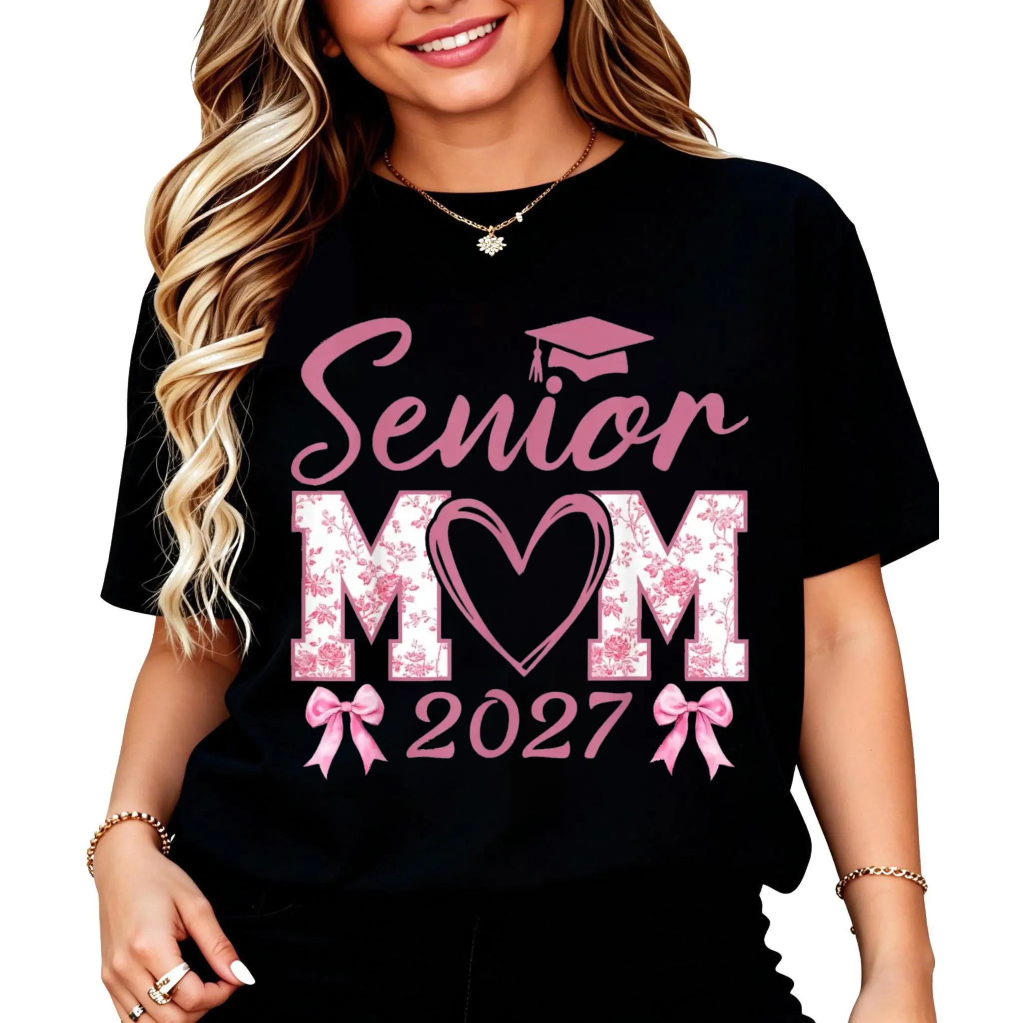 Senior Mom 2027 Pink Floral Graduation Design T-Shirt Women Men Unisex Clothing Streetwear