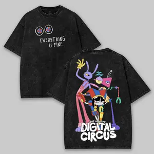 The Amazing Digital Circus Washed Cotton Shirt, TADC Shirt, Graphic Tee, Cartoon Double Printed Vintage Washed Tee Cotton T-shirt Fabric Menswear Top Collar