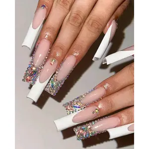 White And Rhinestone French Tips Press On Nails With Rhinestones