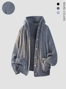 Men's Fall Winter Vintage Hooded Knit Cardigan, Textured Ribbed Design, Large Pocket, Multiple Colors, Casual Fitted Style, Long Sleeve