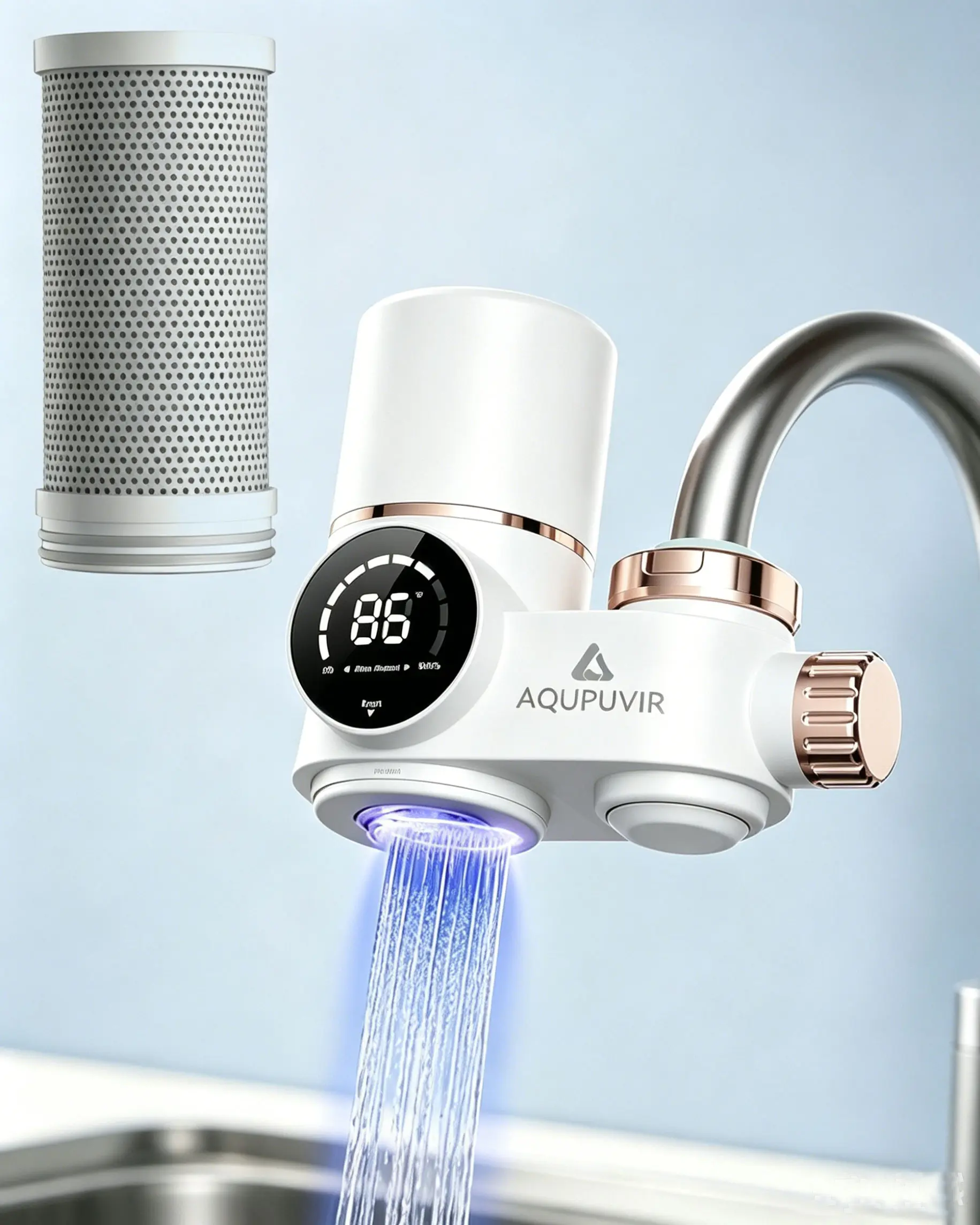 AQUPUVIR 264-Gallon Dual Source Tap Water Filter | UV-C Sterilization | Reduces Lead, Chlorine & Heavy Metals | Temp & Humidity Display | Self-Powered LED | Fits 22/24/28mm Round Faucets | Clean Safe Drinking Water for Kitchen Sink