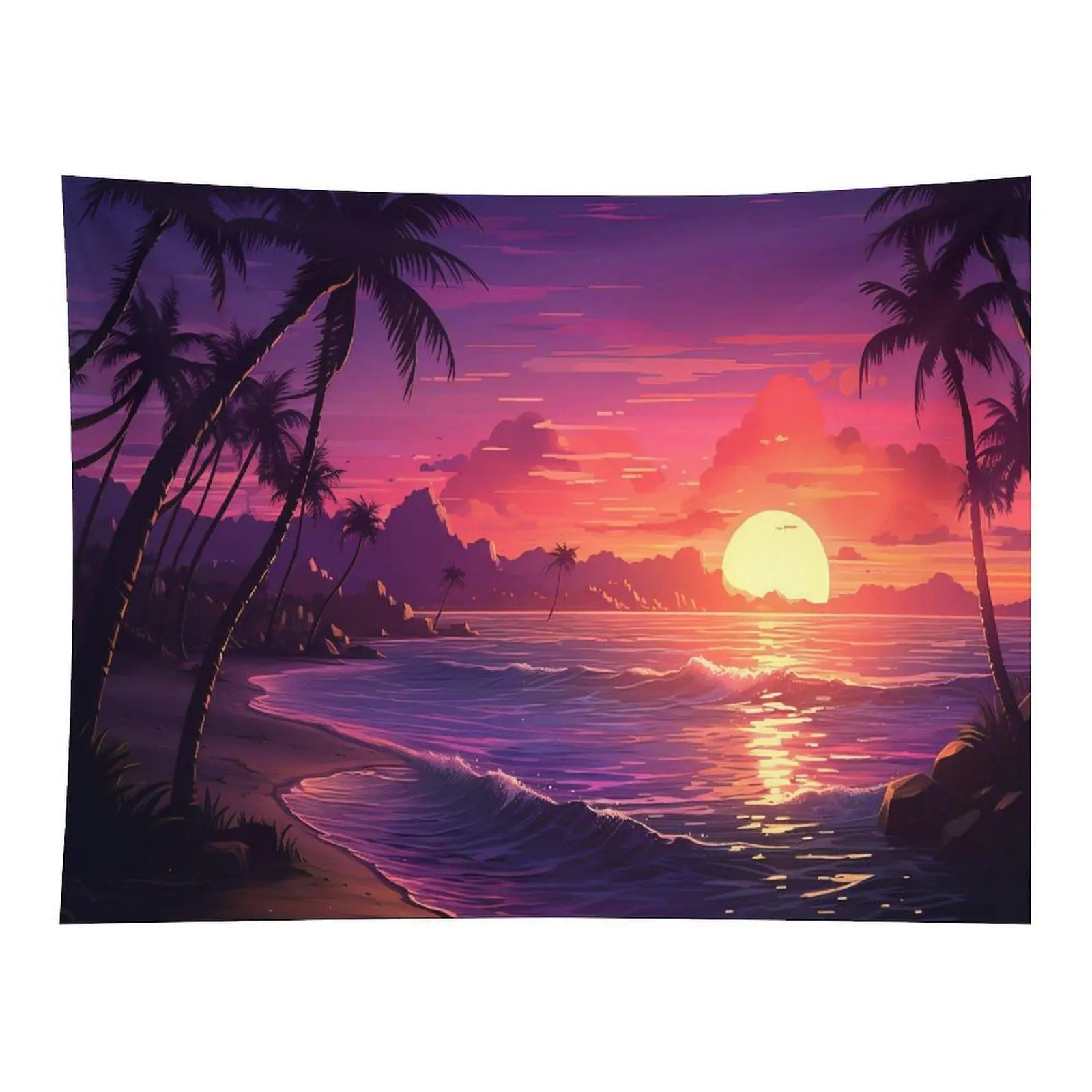 Retro Synthwave Tropical Beach Sunset Tapestry Palm Tree Ocean Scenery Vibrant Purple Sky Landscape Wall Hanging for Room Decoration