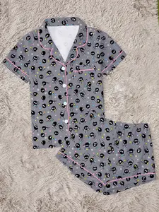 Women's Soot Sprites Cartoon Print Pajama Set, Comfortable Two-Piece Sleepwear, Short Sleeve Button-Up Top and Elastic Shorts, Casual Home Wear
