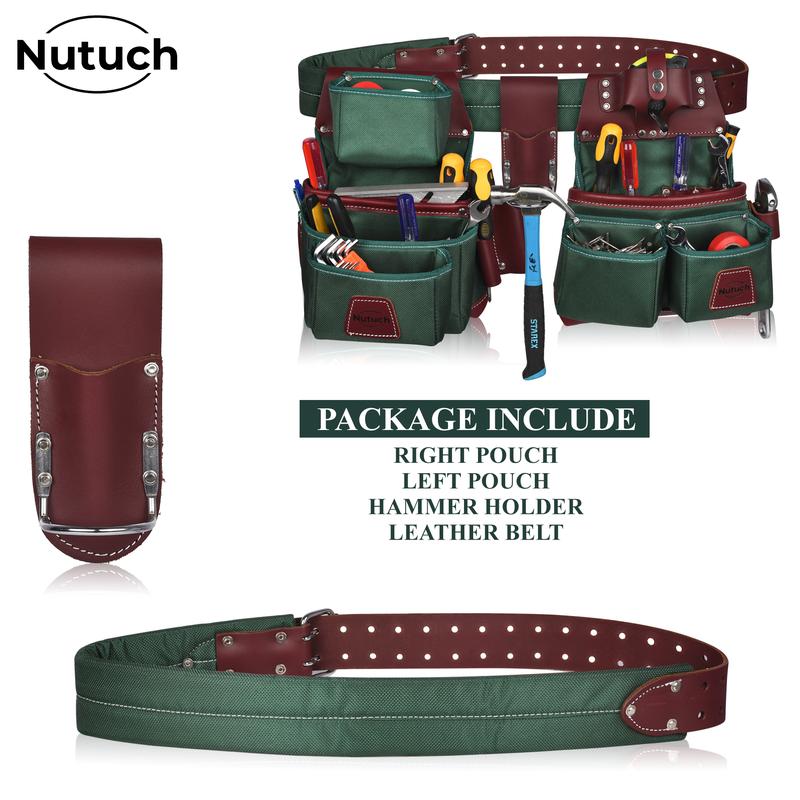 NUTUCH Green Heavy Duty Nylon and Leather Tool Belt for Carpenters, Framers, and Electricians