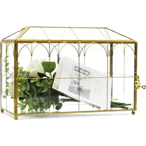 Large  and Glass Card Box for wedding with Lock and Slot - Wedding Envelope Card Holder for Reception Clear Lock Box with Key Geometric   Card Box for Wedding Party