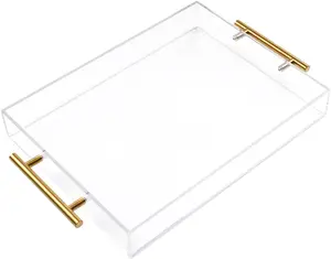 11"x14" Clear Acrylic Serving Tray with Golden Handles, Sturdy Huge Capacity Acrylic Tray for Coffee, Juice, Kitchen and Desk Organizer, Storage Tray (11"x14")