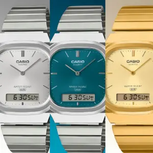 AQ240E Women's Analog-Digital Watch, Vintage Retro Style, Vibrant Teal Dial, Dual Time, Slim Lightweight Design, Stainless Steel Band, Splash Resistant, Gift for Her