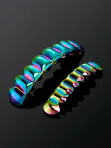 2pcs Top and Bottom Grillz, Rainbow Plated Hip Hop Grillz Set, 14k Copper Material, Fashion Accessory for Men