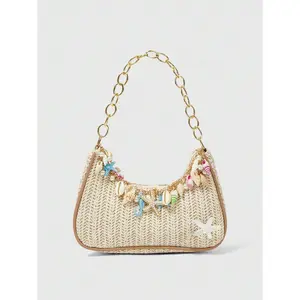 1pc Summer Beach Starfish Series Shell & Seashell Woven Shoulder Hand Carry Bag, Beach Bag, Straw Handbag For Women (Charm Color & Style Randomly) , Summer
