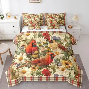 Feelyou 7-Piece Red Cardinal Comforter Set - Ultra Soft, Multi-Size Bedroom Bedding with Wildlife Art, Vintage Plaid, Floral Designs; Bed Sheets for Bedroom Linens Collections, Bedroom Bedding Set, Bed Sheets Set