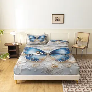 3Pcs Luxury Blue Butterfly Floral Print Microfiber Bed Fitted Sheets Sets, Including 1 Count Fitted Sheet & 2 Counts Pillowcase without Filler, Soft Comfortable Bedding Set For Home Bedroom, Decorative Bedsheet Sets, Breathable Durable Sheets