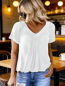 Women's Casual Summer Short Sleeve V Neck Tops T-shirts - Loose Fit & Comfortable Shirring Top White