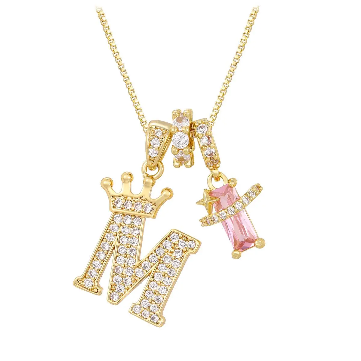 18K Gold Plated Initial Letter M Necklace with Zircon Pendant