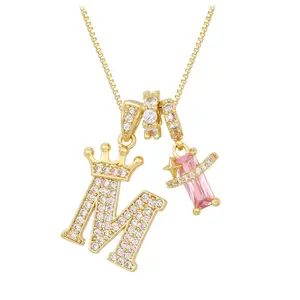 18K Gold Plated Initial Letter M Necklace with Zircon Pendant