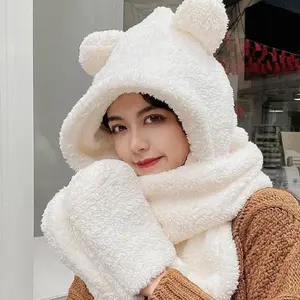 Unique 3 in 1 Bear Ear Plush Beanie Thickened Ear Protection Plush Scarf Hat Gloves Earmuffs Warm Fleece Scarves Hat Autumn
