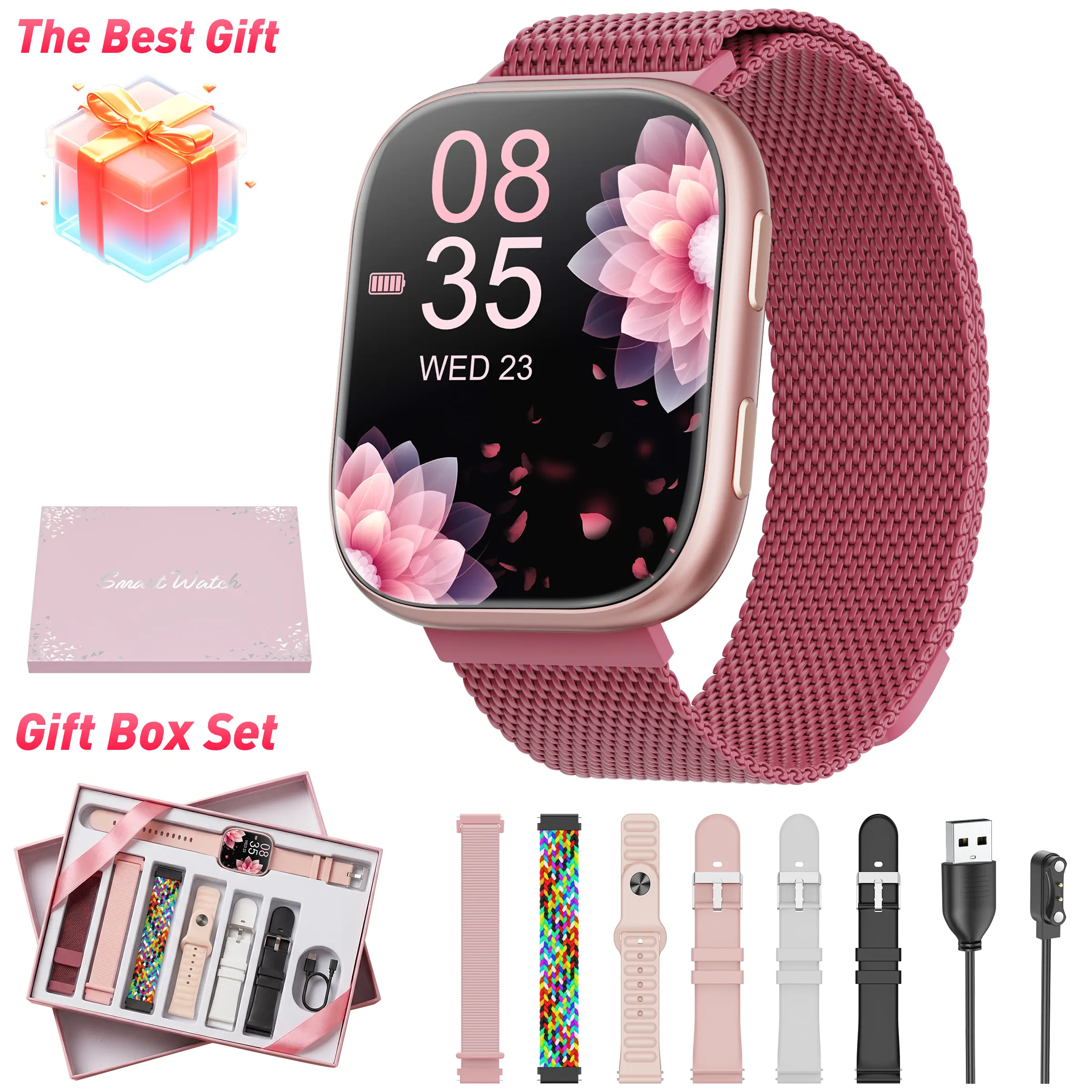 Smart Watch for Women and Men with 1.85 Touchscreen Fitness Tracker, Bluetooth Calling, Heart Rate/Sleep Monitor, 100+ Sports Modes, IP67 Waterproof for Android, iOS, Smartphone, Back to school gift (7-in-1 Gift Set)