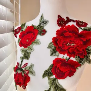 Red and Green Applique (2 Pieces) Big Rose Patch Embroidered Flowers, Dance Costume, Ballet, Couture Gowns Garments Kids Dress